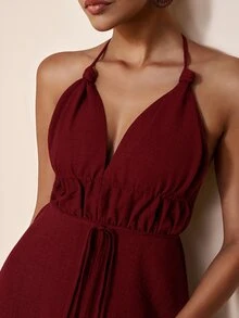 Zivah 2026 Spring/Summer New Deep V Lace-Up Backless Sexy Tropical Boho Mini Dress Waist Ruched Hollow Out Bamboo Texture Fabric A-Line Beach Burgundy - Burgundy - View 10