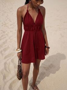 Zivah 2026 Spring/Summer New Deep V Lace-Up Backless Sexy Tropical Boho Mini Dress Waist Ruched Hollow Out Bamboo Texture Fabric A-Line Beach Burgundy - Burgundy - View 5
