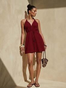 Zivah 2026 Spring/Summer New Deep V Lace-Up Backless Sexy Tropical Boho Mini Dress Waist Ruched Hollow Out Bamboo Texture Fabric A-Line Beach Burgundy - Burgundy - View 3
