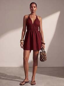Zivah 2026 Spring/Summer New Deep V Lace-Up Backless Sexy Tropical Boho Mini Dress Waist Ruched Hollow Out Bamboo Texture Fabric A-Line Beach Burgundy - Burgundy - View 1