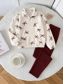 SHEIN Tween少女秋冬抓絨內裡加厚雙面毛絨蝴蝶結印花半拉鍊套頭運動衫與緊身褲2件套，運動休閒穿搭，酒紅色 - 酒紅色 - 查看 6