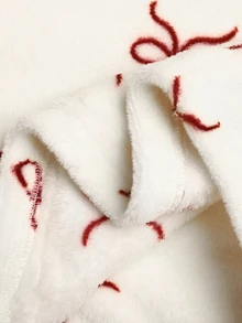 SHEIN Tween少女秋冬抓絨內裡加厚雙面毛絨蝴蝶結印花半拉鍊套頭運動衫與緊身褲2件套，運動休閒穿搭，酒紅色 - 酒紅色 - 查看 7