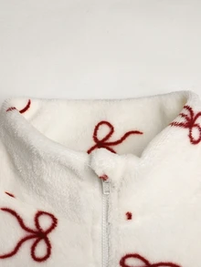 SHEIN Tween少女秋冬抓絨內裡加厚雙面毛絨蝴蝶結印花半拉鍊套頭運動衫與緊身褲2件套，運動休閒穿搭，酒紅色 - 酒紅色 - 查看 4