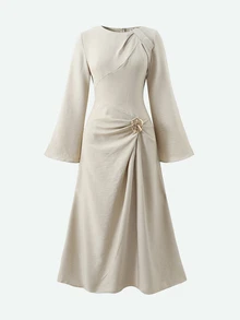 Teen Girl Teen Girl Solid Color Twisted Detail Front Metal Buckle Decor Flared Long Sleeve Dress - Apricot - View 2