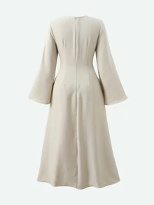 Teen Girl Teen Girl Solid Color Twisted Detail Front Metal Buckle Decor Flared Long Sleeve Dress - Apricot - View 3