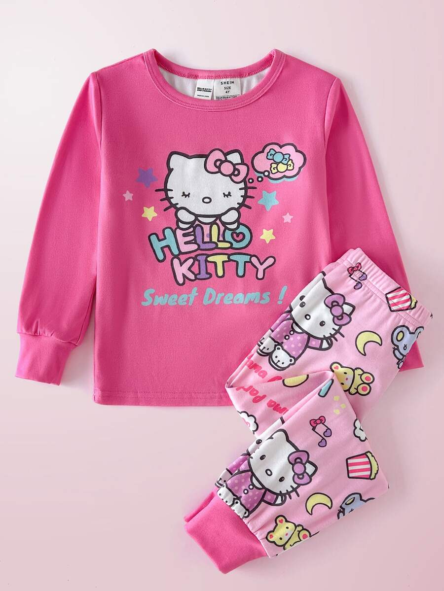 HELLO KITTY AND FRIENDS | SHEIN Young Girl Cute Versatile Collaboration New 2pcs Set Round Neck Long Sleeve Pajama Top And Long Pants Tight Pajama Set - Multicolor - View 1