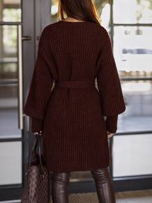 SHEIN LUNE 女款休閒純色雙口袋開襟衫,秋冬款 - 咖啡棕 - 查看 3