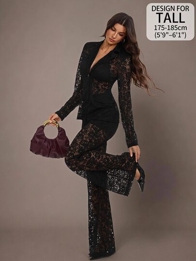 SHEIN Tall Women's Elegant Black Sheer Suit Pants With Lapel And Lace Embroidered Jacket; Combines Elegant, Casual, Luxurious And Formal Styles, Suitable For Holiday Parties And Business Workplace Wear