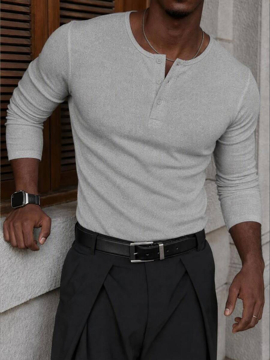 Mainfolk Men's Solid Color Button Half-Placket Long Sleeve Slim Fit T-Shirt - Dark Green - View 1