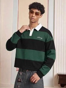 Mainfolk 男士休閒對比色條紋 Polo 衫，秋冬款 - 軍綠和藍色 - 查看 4
