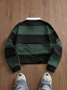 Mainfolk 男士休閒對比色條紋 Polo 衫，秋冬款 - 軍綠和藍色 - 查看 3