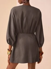 Zivah 2026 Autumn New Crossover Collar, Lantern Sleeve, Elastic Cuff, Woven Fabric, Ruffle Decor, Tie Front, Curved Hem Dark Brown V-Neck Mini Dress Dinner - Mocha Brown - View 2