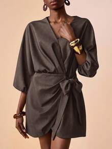 Zivah 2026 Autumn New Crossover Collar, Lantern Sleeve, Elastic Cuff, Woven Fabric, Ruffle Decor, Tie Front, Curved Hem Dark Brown V-Neck Mini Dress Dinner - Mocha Brown - View 6