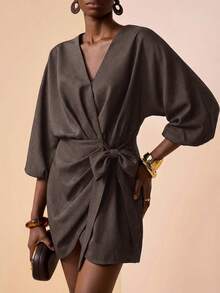 Zivah 2026 Autumn New Crossover Collar, Lantern Sleeve, Elastic Cuff, Woven Fabric, Ruffle Decor, Tie Front, Curved Hem Dark Brown V-Neck Mini Dress Dinner - Mocha Brown - View 5