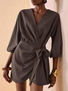 Zivah 2026 Autumn New Crossover Collar, Lantern Sleeve, Elastic Cuff, Woven Fabric, Ruffle Decor, Tie Front, Curved Hem Dark Brown V-Neck Mini Dress Dinner - Mocha Brown - View 4