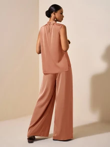 Zivah 2025 Spring/Summer New Teachers' Day Rust Brown Satin Acetate Fabric Faux Linen Stand Collar Top And Suit Pants Set Office Dinner Elegant - Redwood - View 2