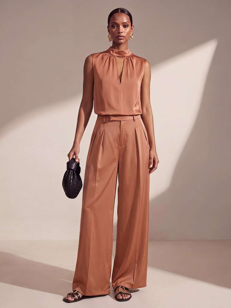 Zivah 2025 Spring/Summer New Teachers' Day Rust Brown Satin Acetate Fabric Faux Linen Stand Collar Top And Suit Pants Set Office Dinner Elegant - Redwood - View 1