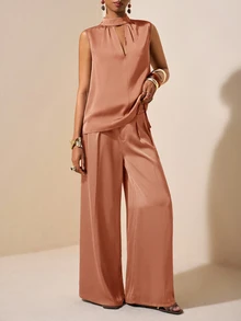 Zivah 2025 Spring/Summer New Teachers' Day Rust Brown Satin Acetate Fabric Faux Linen Stand Collar Top And Suit Pants Set Office Dinner Elegant - Redwood - View 4