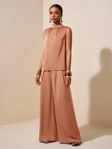 Zivah 2025 Spring/Summer New Teachers' Day Rust Brown Satin Acetate Fabric Faux Linen Stand Collar Top And Suit Pants Set Office Dinner Elegant - Redwood - View 3
