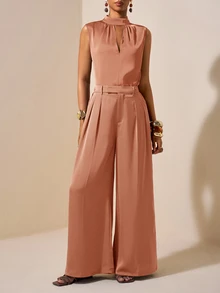 Zivah 2025 Spring/Summer New Teachers' Day Rust Brown Satin Acetate Fabric Faux Linen Stand Collar Top And Suit Pants Set Office Dinner Elegant - Redwood - View 5