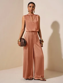 Zivah 2025 Spring/Summer New Teachers' Day Rust Brown Satin Acetate Fabric Faux Linen Stand Collar Top And Suit Pants Set Office Dinner Elegant - Redwood - View 7