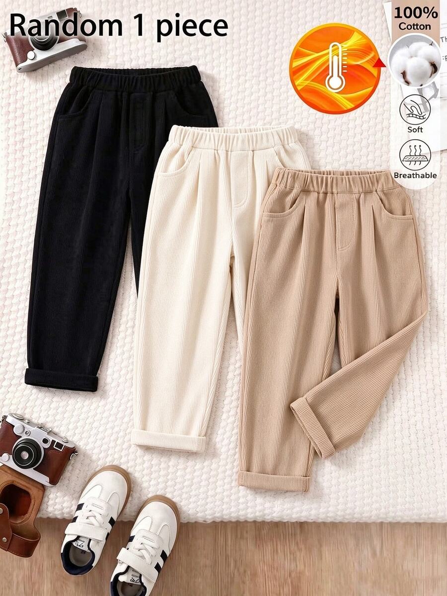 SHEIN Boys' Fall Pure Cotton Corduroy Long Pants, Elastic Waist With Side Pockets, Casual Design, Soft Fabric, Suitable For Daily Wear, Outdoor