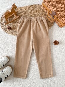 SHEIN Boys' Fall Pure Cotton Corduroy Long Pants, Elastic Waist With Side Pockets, Casual Design, Soft Fabric, Suitable For Daily Wear, Outdoor - Khaki - View 3