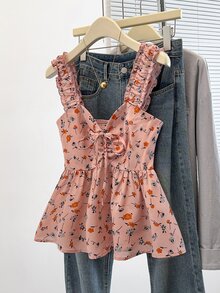 SHEIN PariChic 女士甜美碎花系带装饰宽松无袖吊带背心，日常红色碎花细肩带吊带衫，节日红色碎花吊带衫 - 粉色 - 查看 7