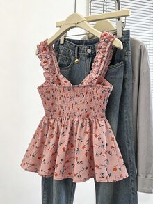 SHEIN PariChic 女士甜美碎花系带装饰宽松无袖吊带背心，日常红色碎花细肩带吊带衫，节日红色碎花吊带衫 - 粉色 - 查看 2