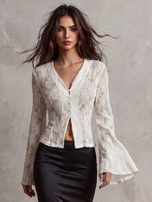 Calvaya Fashionable, Romantic And Elegant Solid Color Lace Bell Sleeve Blouse Fall Cloth For Women - White - View 9