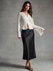 Calvaya Fashionable, Romantic And Elegant Solid Color Lace Bell Sleeve Blouse Fall Cloth For Women - White - View 8
