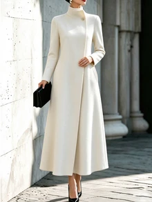 Balvessa Women's Stand Collar Long Straight Fit Minimalist Elegant Outerwear - Apricot - View 1