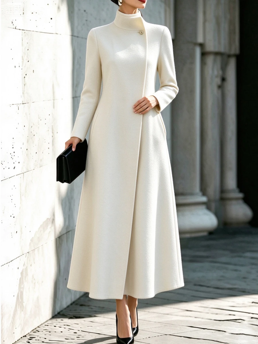 Balvessa Women's Stand Collar Long Straight Fit Minimalist Elegant Outerwear - Apricot - View 1