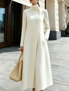 Balvessa Women's Stand Collar Long Straight Fit Minimalist Elegant Outerwear - Apricot - View 7