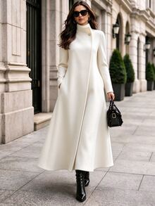Balvessa Women's Stand Collar Long Straight Fit Minimalist Elegant Outerwear - Apricot - View 5