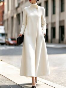 Balvessa Women's Stand Collar Long Straight Fit Minimalist Elegant Outerwear - Apricot - View 4