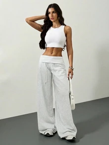 SHEIN Tall 灰色針織抓絨抽繩腰寬鬆運動長褲，冬季畢業季、返校穿搭、畢業禮、女教師秋季服飾，適合高個女性 - 淺灰色 - 查看 7