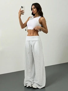 SHEIN Tall 灰色針織抓絨抽繩腰寬鬆運動長褲，冬季畢業季、返校穿搭、畢業禮、女教師秋季服飾，適合高個女性 - 淺灰色 - 查看 8