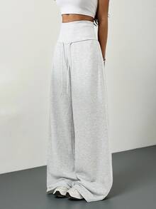 SHEIN Tall 灰色針織抓絨抽繩腰寬鬆運動長褲，冬季畢業季、返校穿搭、畢業禮、女教師秋季服飾，適合高個女性 - 淺灰色 - 查看 9