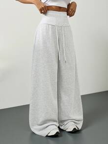 SHEIN Tall 灰色針織抓絨抽繩腰寬鬆運動長褲，冬季畢業季、返校穿搭、畢業禮、女教師秋季服飾，適合高個女性 - 淺灰色 - 查看 6
