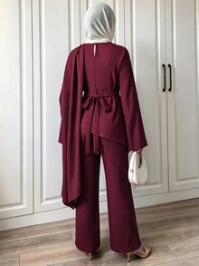Celisse Lady's Elegant Modest Two Pieces Set, With A Crossed Pleated Scarf Collar, An Asymmetrical Loose-Fitting Long-Sleeved Textured Top, Wide-Leg Burgundy - Brown - View 3