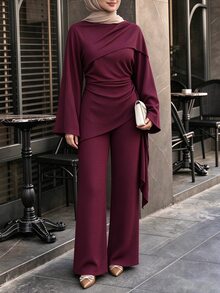 Celisse Lady's Elegant Modest Two Pieces Set, With A Crossed Pleated Scarf Collar, An Asymmetrical Loose-Fitting Long-Sleeved Textured Top, Wide-Leg Burgundy - Brown - View 2
