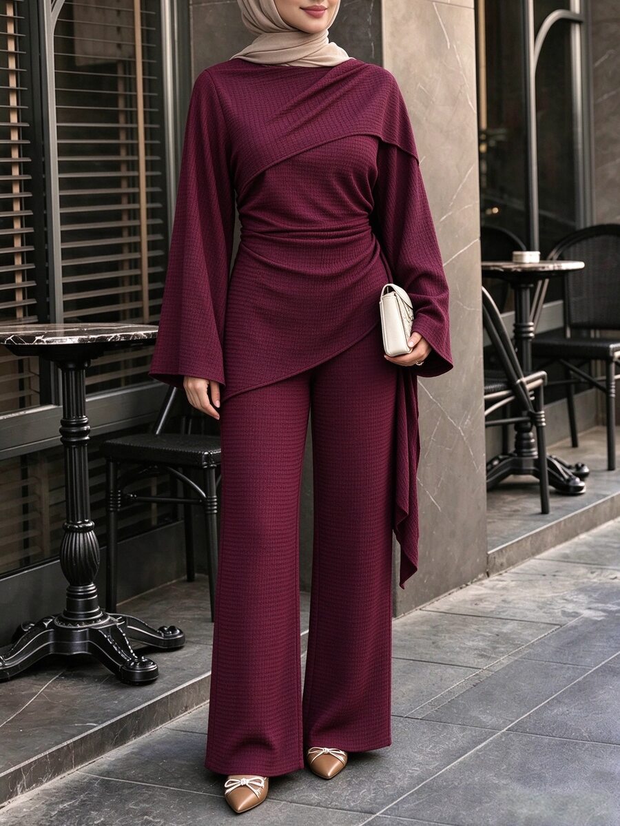 Celisse Lady's Elegant Modest Two Pieces Set, With A Crossed Pleated Scarf Collar, An Asymmetrical Loose-Fitting Long-Sleeved Textured Top, Wide-Leg Burgundy