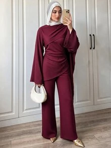 Celisse Lady's Elegant Modest Two Pieces Set, With A Crossed Pleated Scarf Collar, An Asymmetrical Loose-Fitting Long-Sleeved Textured Top, Wide-Leg Burgundy - Brown - View 8