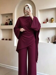 Celisse Lady's Elegant Modest Two Pieces Set, With A Crossed Pleated Scarf Collar, An Asymmetrical Loose-Fitting Long-Sleeved Textured Top, Wide-Leg Burgundy - Brown - View 4