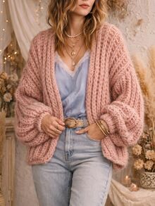 SHEIN LUNE Women's Solid Color Drop Shoulder Long Sleeve Casual Knit Cardigan - Pink - View 2
