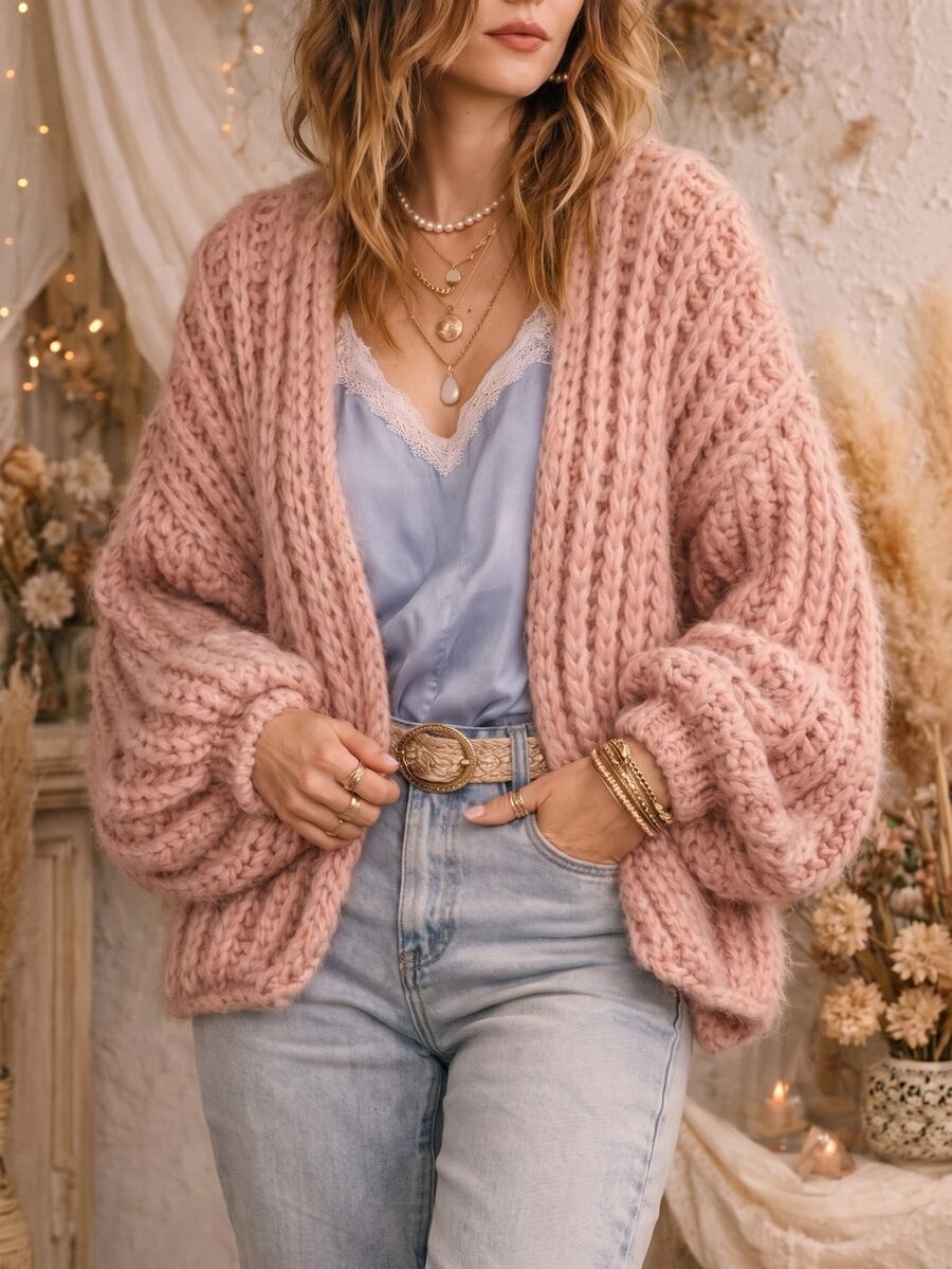 SHEIN LUNE Women's Solid Color Drop Shoulder Long Sleeve Casual Knit Cardigan