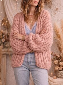 SHEIN LUNE Women's Solid Color Drop Shoulder Long Sleeve Casual Knit Cardigan - Pink - View 4