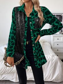 Calvaya Women's Leopard Print Party Autumn And Winter Music Festival Casual Home Date Black Sequin Button Splicing Color Block Loose Long Sleeve Shirt - Green - View 5