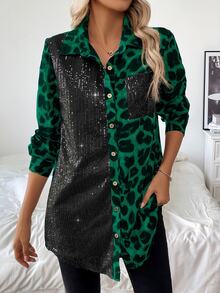 Calvaya Women's Leopard Print Party Autumn And Winter Music Festival Casual Home Date Black Sequin Button Splicing Color Block Loose Long Sleeve Shirt - Green - View 7